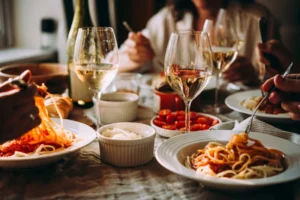 Wine glasses next to different types of pasta, a common scenario with pasta places in Singapore
