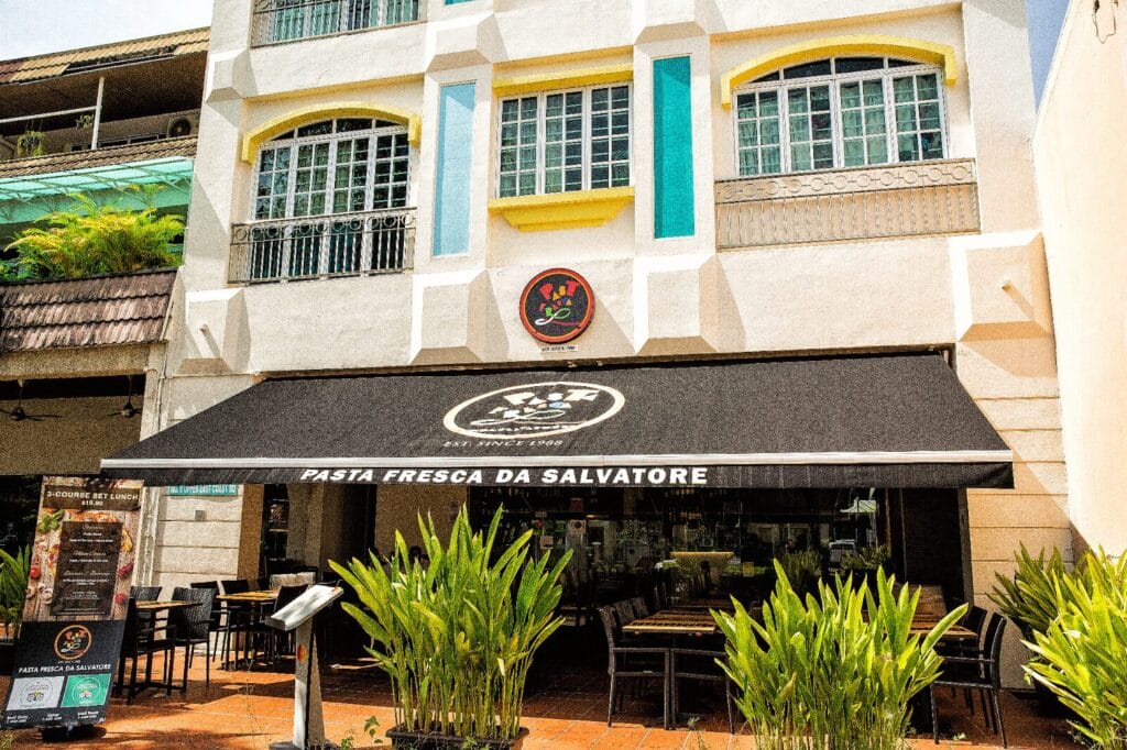 Pasta Fresca Da Salvatore restaurant front featuring black awning in the alfresco area