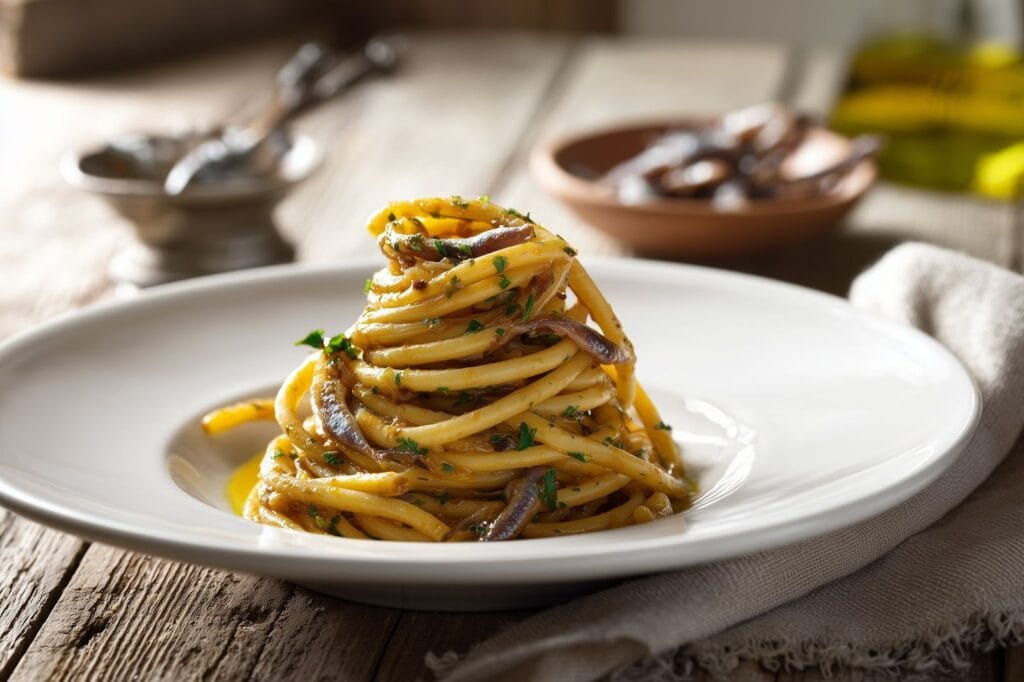 close-up depth-of-field image of bigoli in salsa delicately laid on a plate on a wooden table
