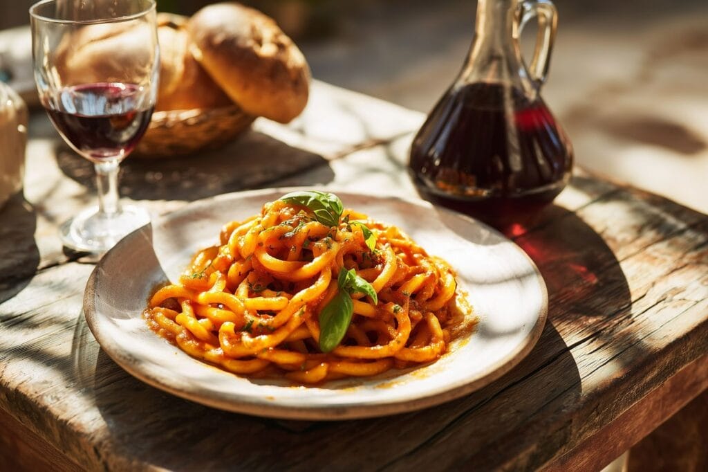  A close up of thickly-rolled Pici all’Aglione on a white plate next to a glass of wine. They're served on a wooden table