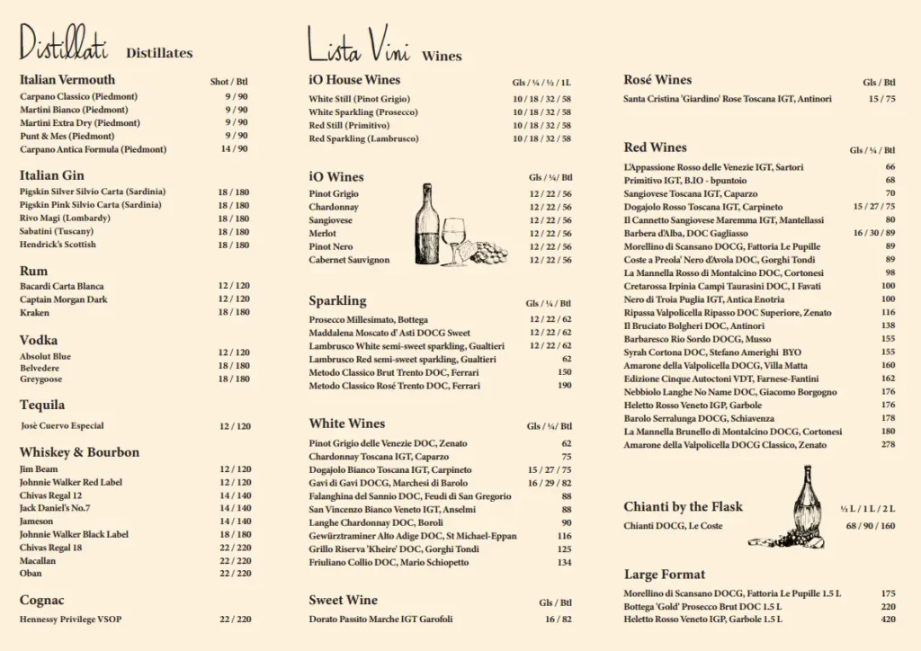 iO Italian Osteria Italian liquor menu - One of the pasta places in Singapore