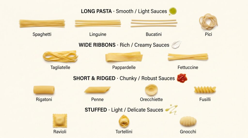 an infographic on Different Pasta Shapes and the sauce perfect for each type