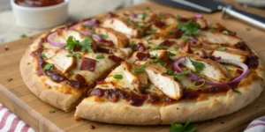 Homemade BBQ Chicken Pizza light background